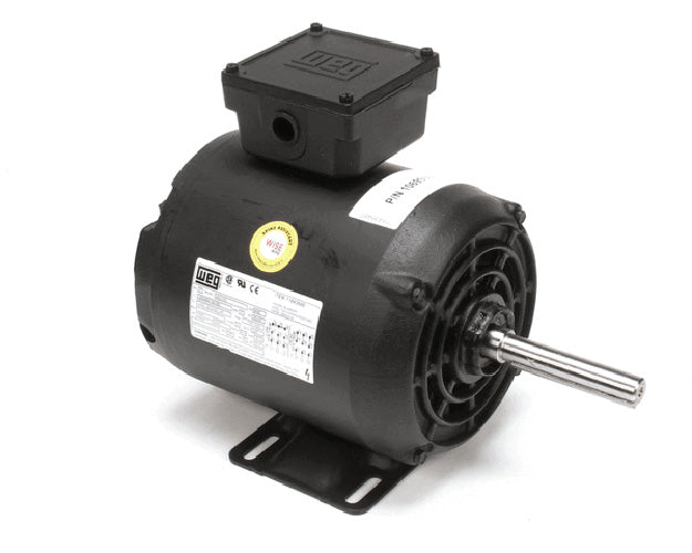 Three-phase industrial motor with cooling fins and nameplate tag on white background