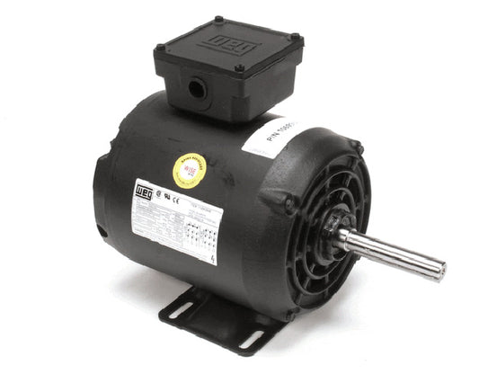 Three-phase industrial motor with cooling fins and nameplate tag on white background