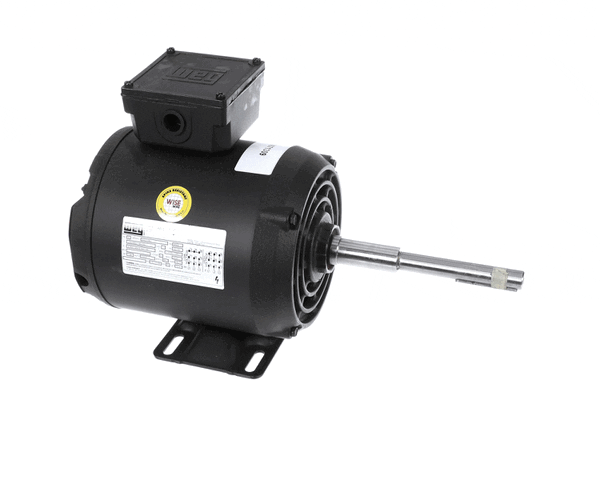 Three-phase motor with extended shaft and robust frame on white background