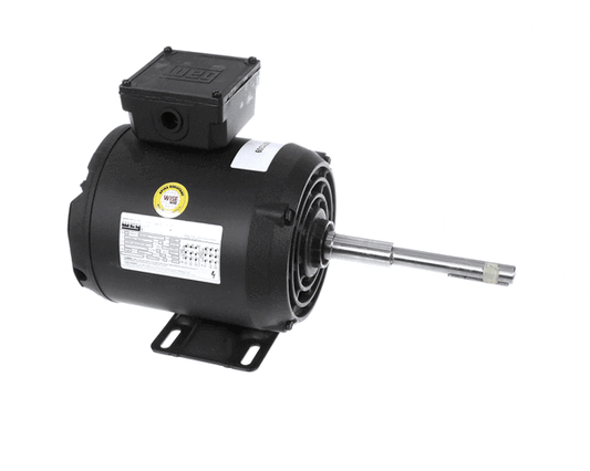 Three-phase motor with extended shaft and robust frame on white background