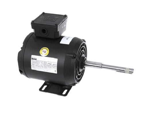 Three-phase motor with extended shaft and robust frame on white background