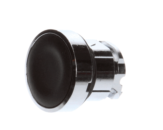 Round black pushbutton switch with mounting bezel on white background