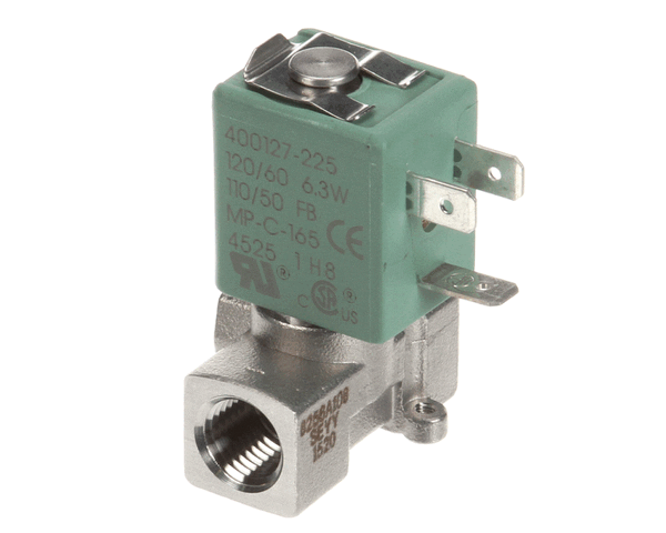 Brass solenoid water valve with electrical coil and 1/4-inch pipe connections on white background