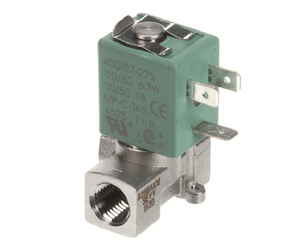 Brass solenoid water valve with electrical coil and 1/4-inch pipe connections on white background