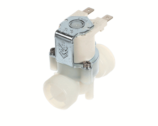 24VDC water solenoid valve with plastic coil and brass body on white background