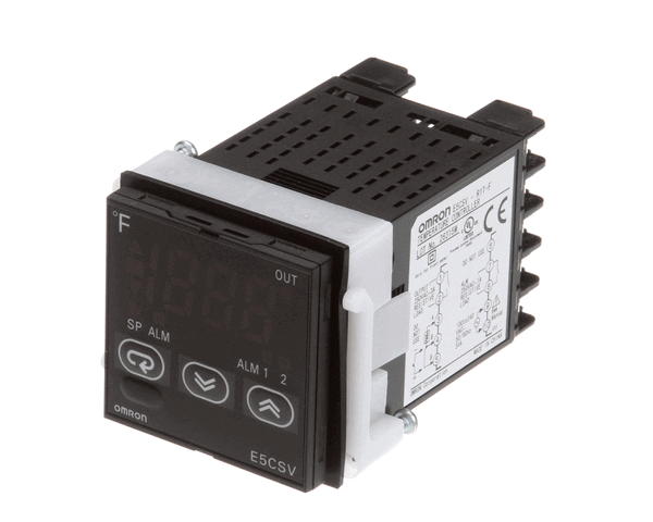 Small rectangular digital temperature controller with front LED display and push buttons on white background