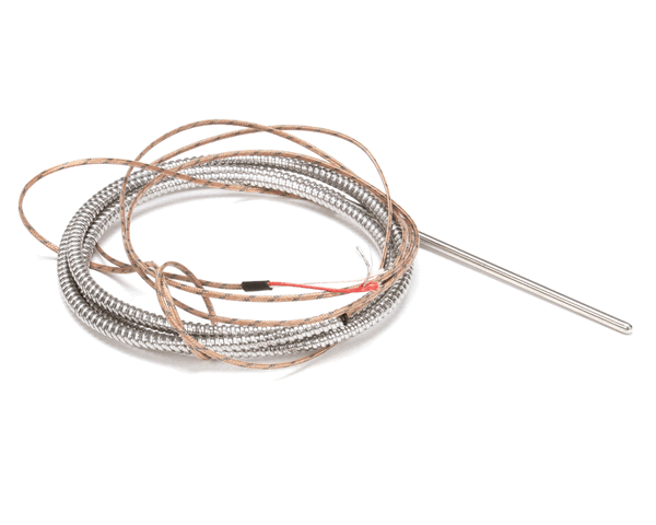 Slender metal temperature probe with insulated lead wires coiled on white background