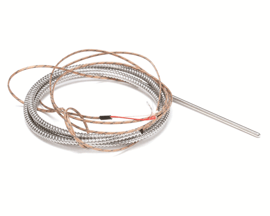 Slender metal temperature probe with insulated lead wires coiled on white background