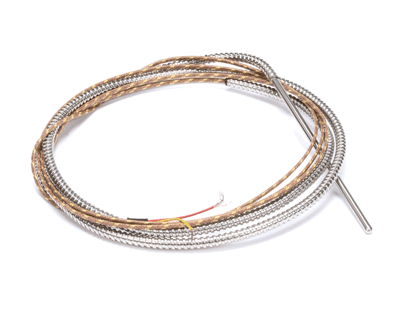 Type K thermocouple with metal probe tip and yellow-insulated leads coiled on white background
