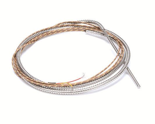 Type K thermocouple with metal probe tip and yellow-insulated leads coiled on white background