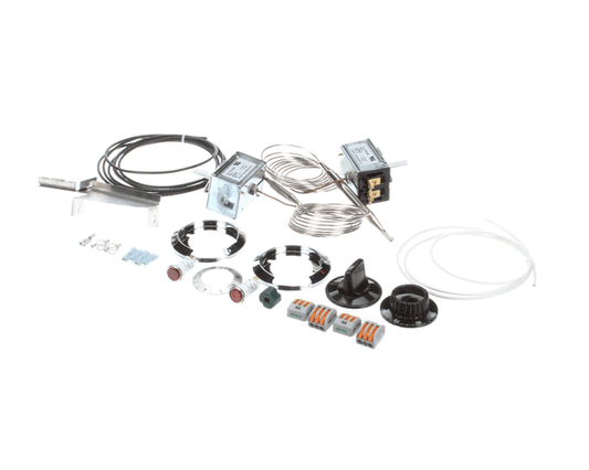 Thermostat kit including probe, wiring, and small mounting hardware on white background