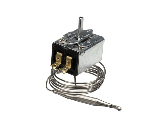 Low-range thermostat with adjustment stem and small sensing coil on white background