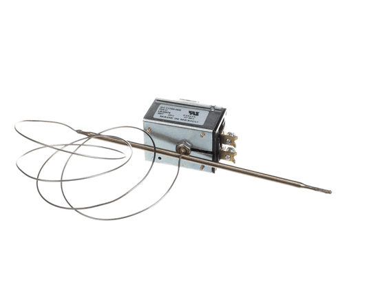 High-temperature oven thermostat with adjustment shaft and coiled sensing bulb on white background