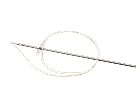 Resistance temperature detector probe with slim stainless tip and long insulated leads coiled on white background