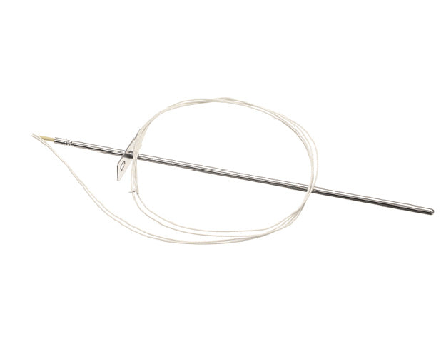 Resistance temperature detector probe with slim stainless tip and long insulated leads coiled on white background