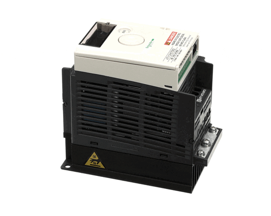 Omron-branded VFD drive with digital keypad and indicator lights on white background