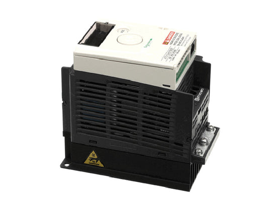 Omron-branded VFD drive with digital keypad and indicator lights on white background