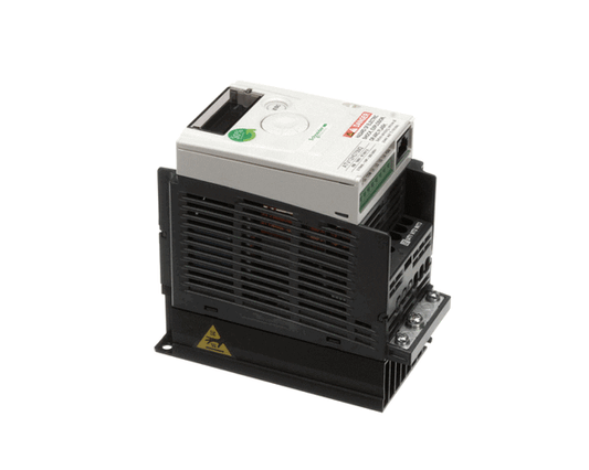 Compact programmed VFD with front control panel and vented housing on white background