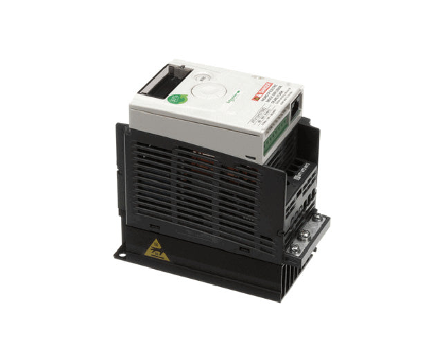 Compact programmed VFD with front control panel and vented housing on white background