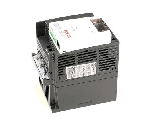 Programmed variable frequency drive in rectangular enclosure with keypad and display on white background