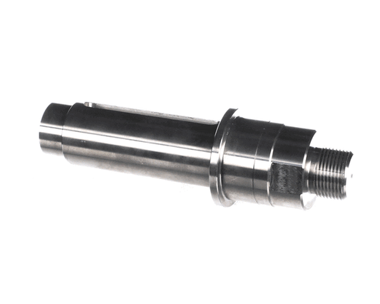 Long metal planetary mixer shaft with machined ends and keyways on white background