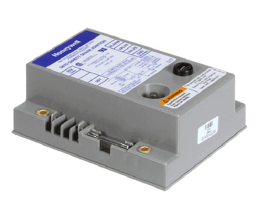 Compact ignition module box with electrical terminals and printed label on white background