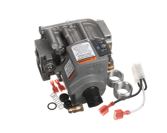 Compact gas control valve with threaded ports and adjustment knob on white background