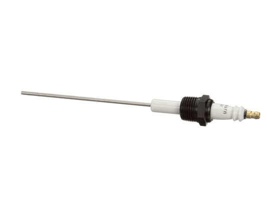 Porcelain-insulated ignition electrode with metal tip and mounting bracket on white background