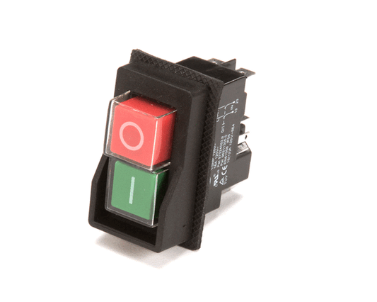 Rectangular illuminated power pushbutton switch with terminals on white background