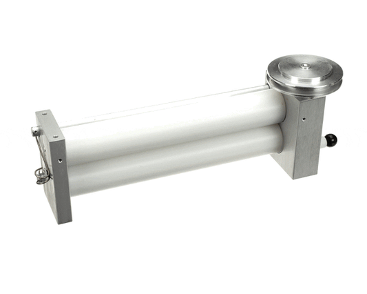 Bottom roller assembly with multiple rollers attached along straight shaft on white background