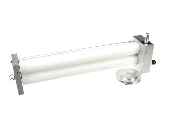 Bottom roller shaft assembly with multiple rollers mounted on metal rod on white background