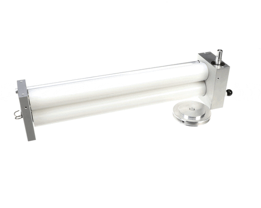 Bottom roller shaft assembly with multiple rollers mounted on metal rod on white background
