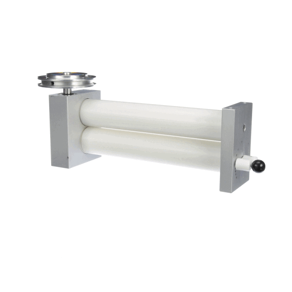 Top roller bar with evenly spaced rollers mounted along shaft on white background
