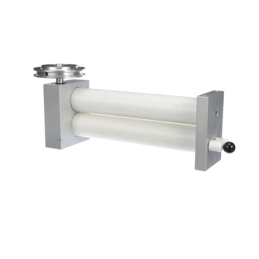 Top roller bar with evenly spaced rollers mounted along shaft on white background