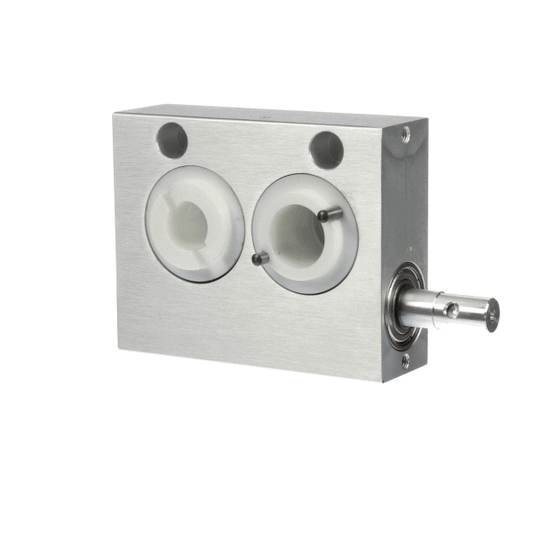 Compact gearbox housing with input and output shafts visible on white background