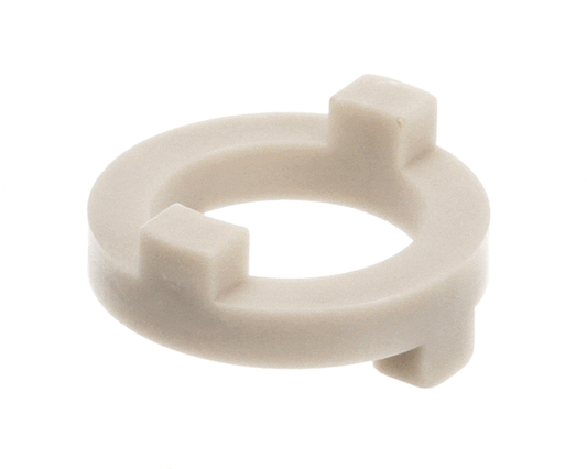 Small eccentric metal coupling piece with offset bore for gearbox and coupling on white background