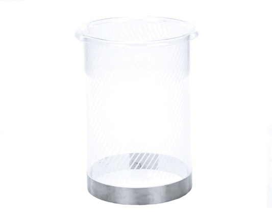 White plastic cylinder with 60 evenly spaced grooves around circumference on white background