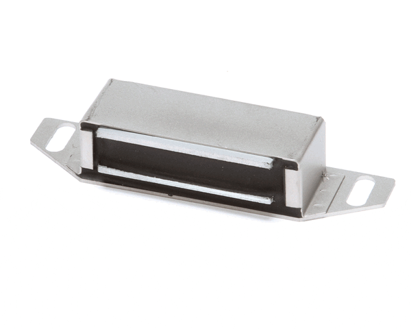 Compact rectangular stainless-steel door magnet with countersunk mounting holes on white background