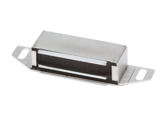 Compact rectangular stainless-steel door magnet with countersunk mounting holes on white background