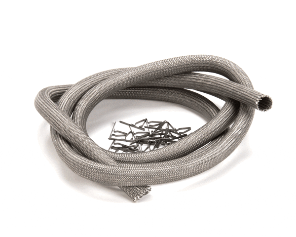 Long flexible door gasket with integrated metal clips, coiled neatly on white background