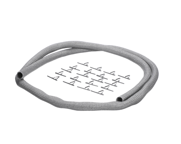 Door gasket kit with pre-cut gasket and attachment clips grouped together on white background