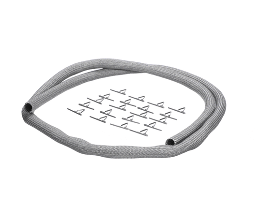 Door gasket kit with pre-cut gasket and attachment clips grouped together on white background