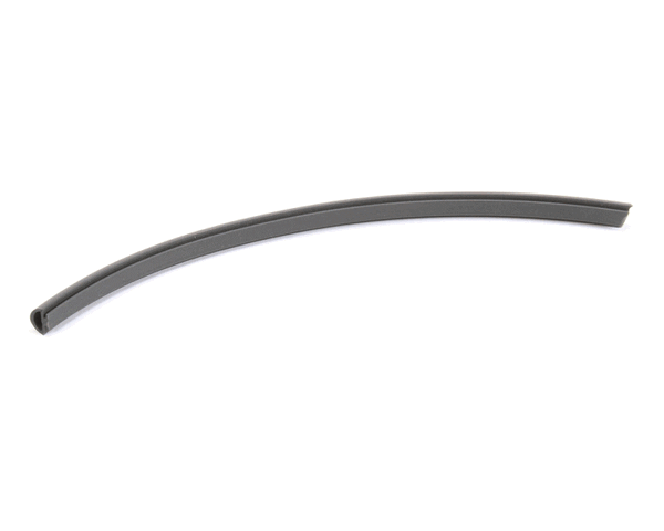 Flexible gray silicone door seal coiled loosely into loop on white background