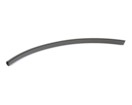 Flexible gray silicone door seal coiled loosely into loop on white background