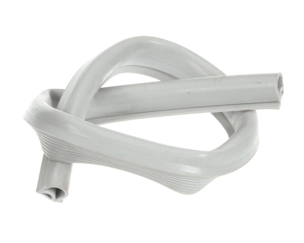 Flexible door gasket extrusion coiled loosely in circle on white background