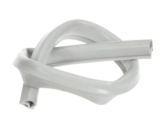 Flexible door gasket extrusion coiled loosely in circle on white background