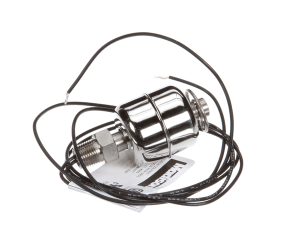 Compact metal float mechanism with cylindrical float and mounting hardware on white background