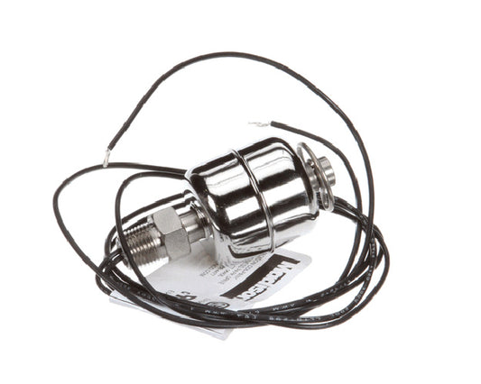 Compact metal float mechanism with cylindrical float and mounting hardware on white background