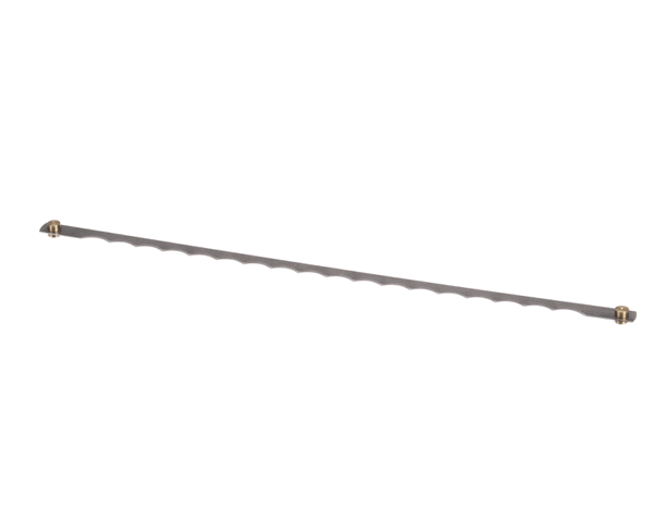 Long serrated bread slicing blade laid flat with mounting holes visible on white background