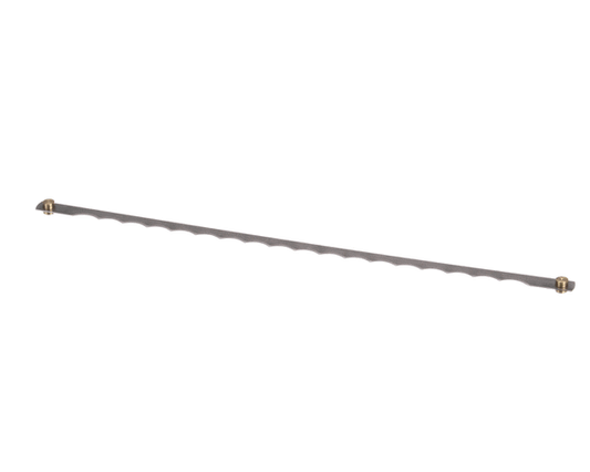 Long serrated bread slicing blade laid flat with mounting holes visible on white background